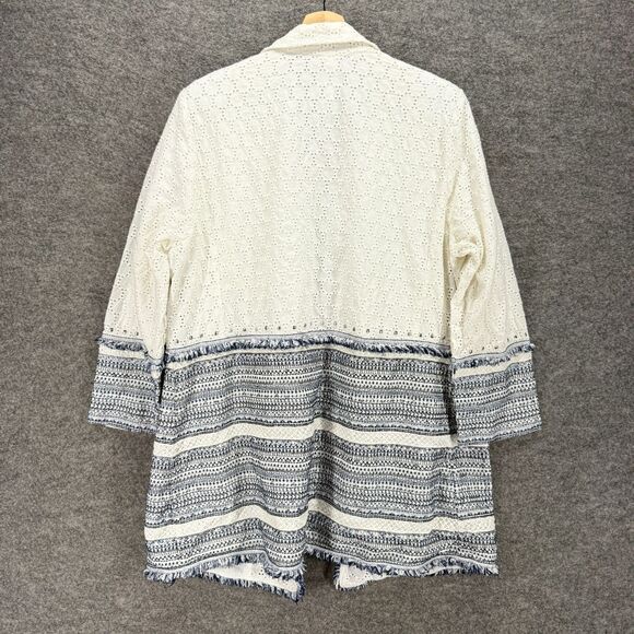 Chico's Jacket Women 3 White Striped Collared 3/4 Sleeve Open Front Cotton - Picture 2 of 8